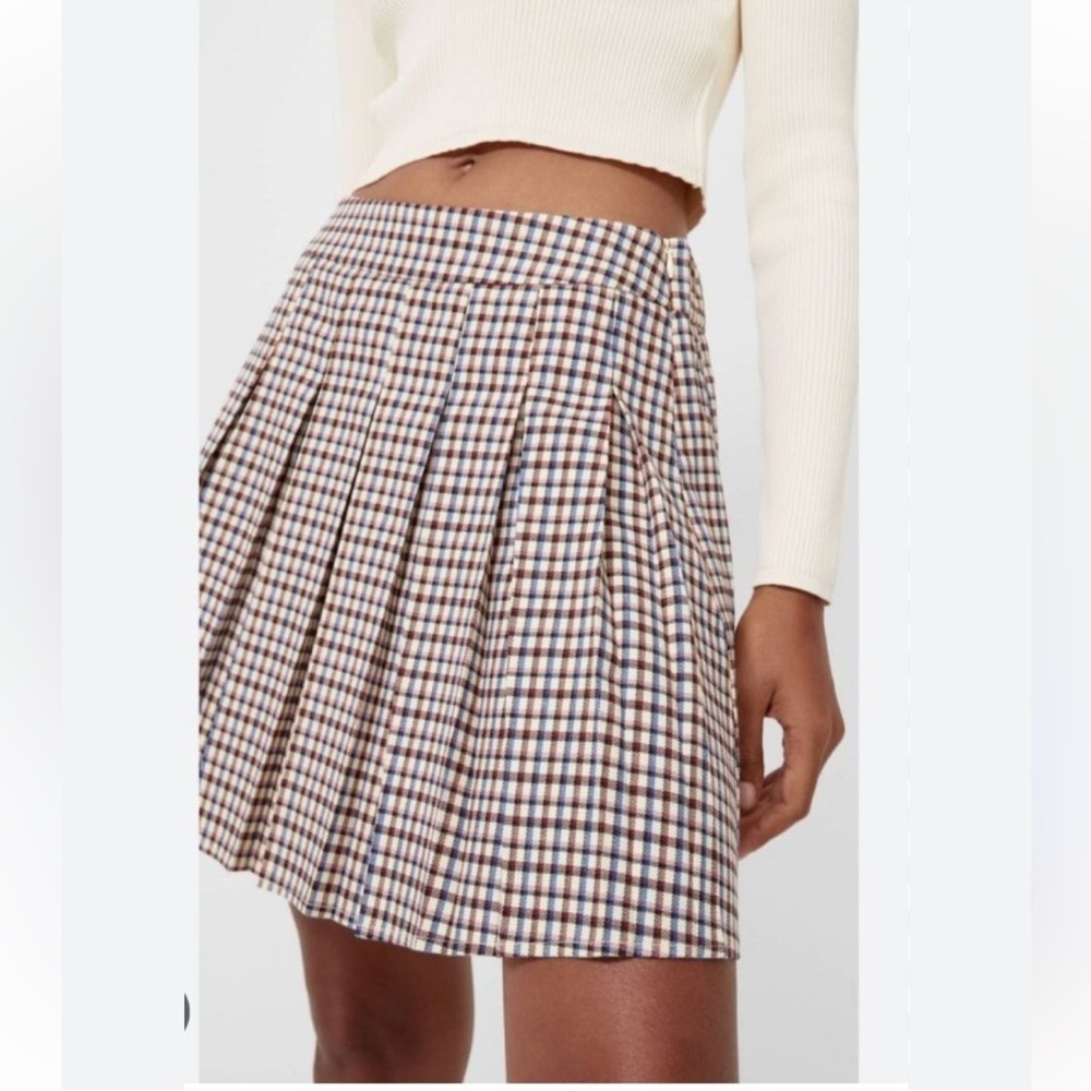 Stradivarius Women's Tan Blue Pink Pleated Plaid Mini Skirt Size Large